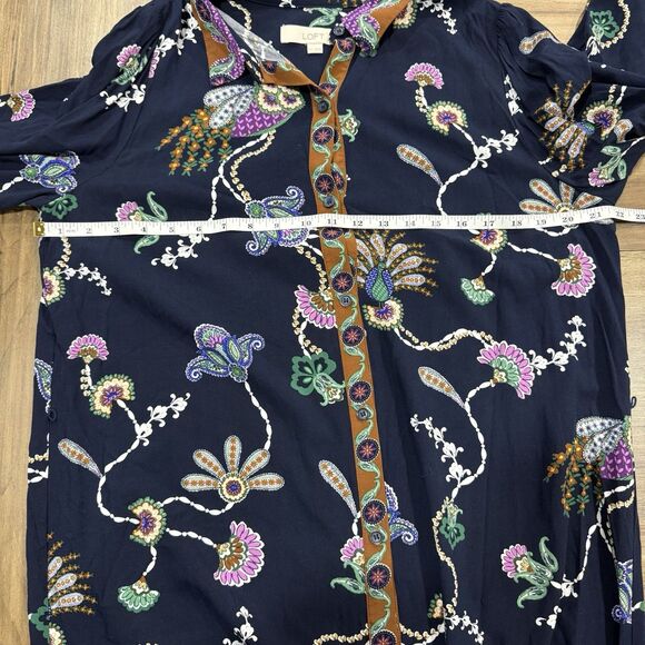 LOFT Navy Pheasant Pleated Floral Peacock Maxi Long Sleeve Dress Women Size 12T - Picture 6 of 9